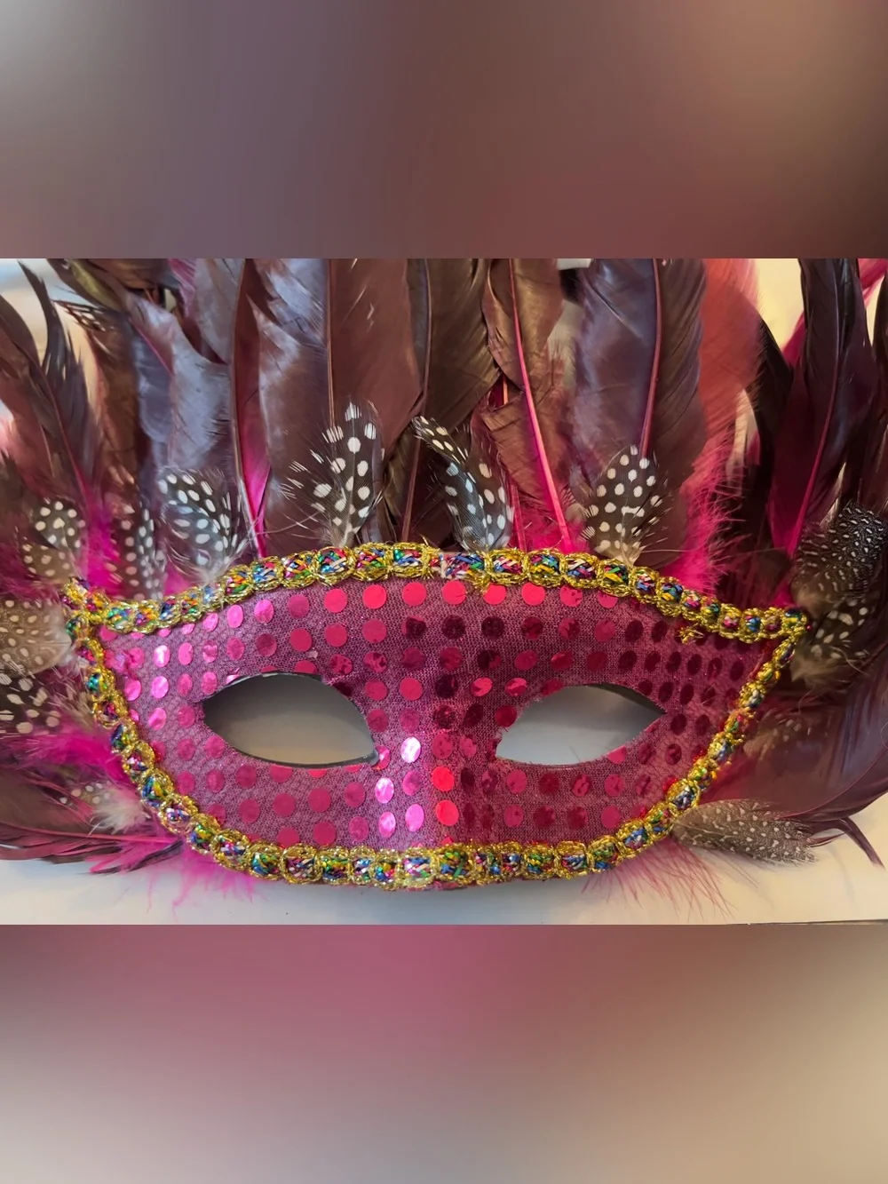 Feathered Large Masquerade Mask in Deep Pink and Medium Pink Sequin Mask